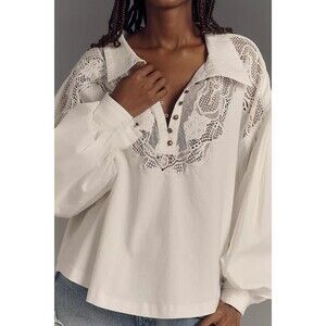 Maeve Anthropologie Puff-Sleeve Collared Yoke Blouse Top Embroidered L 281551